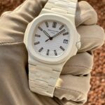 172U pf 40mm ,com aro refinado, nautilus,caixa BRANCO DLC, mostrador branco ppf v4, calendario upgrade,bracelete metal , cal.MT9015 (36)